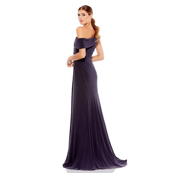 Ieena for Mac Duggal Foldover Off-the-Shoulder Slit Gown in Charcoal Size 10 - Picture 3 of 11